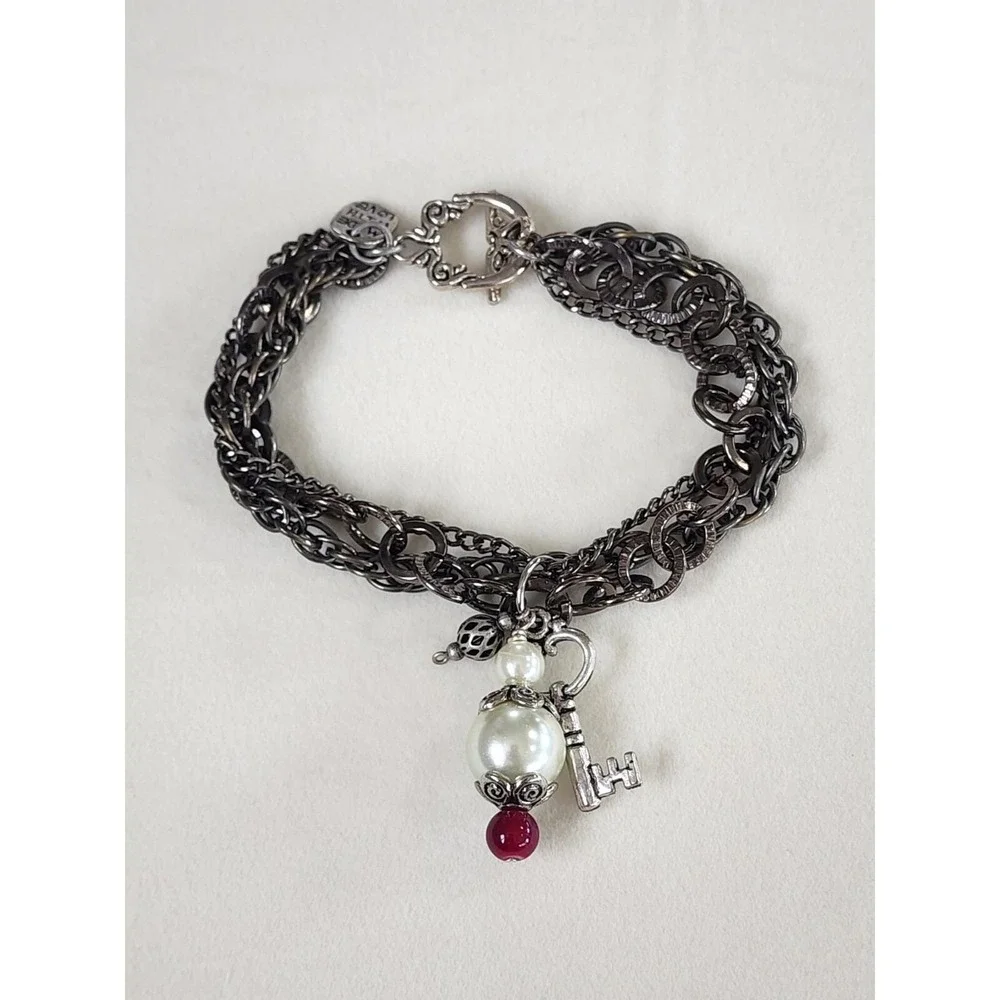 MADE WITH LOVE Signed T Charm Bracelet Multi-Strand Key Faux Pearl Gunmetal Grey